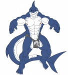 abs anthro athletic biceps big_muscles biped blue_eyes bulge clothed clothing fin genitals looking_at_viewer male muscular muscular_anthro muscular_male nipples pecs penis penis_base pose simple_background skimpy solo speedo standing swimwear tail teeth topless white_background darius_koopa duke_nauticus fish mammal marine shark 2013 hi_res