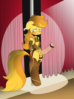 animal_genitalia animal_penis balls blush chaps clothing collar ear_piercing ear_tag equine_genitalia equine_penis erection genitals green_eyes hair leather long_hair male panties penis piercing pole shy solo stage tail underwear v-d-k friendship_is_magic hasbro my_little_pony braeburn_(mlp) earth_pony equid equine horse mammal pony absurd_res hi_res