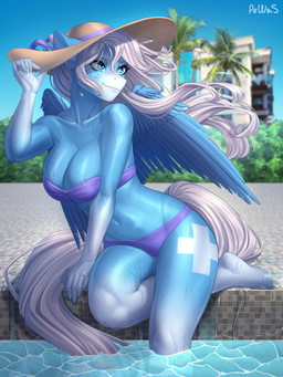 anthro blue_body blue_eyes breasts cleavage clothed clothing cutie_mark dripping ear_piercing female hair hat headgear headwear hooves leg_markings markings palm_tree piercing plant sitting socks_(marking) solo summer_hat swimming_pool swimwear tail tree water wet white_hair white_tail wide_brim_hat wings pewas hasbro my_little_pony mythology fan_character icy_heart equid equine mammal mythological_creature mythological_equine pegasus 3:4 absurd_res hi_res