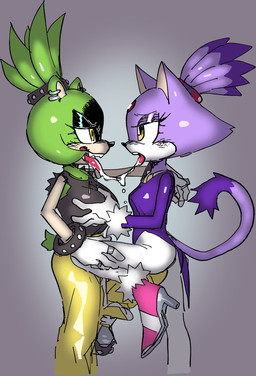 anthro bodily_fluids bottomwear breast_grab breasts clothing coat duo ear_piercing ear_ring female female/female french_kissing fur gloves green_body green_fur hand_on_breast handwear kissing pants piercing purple_body purple_fur ring ring_piercing saliva saliva_string shirt topwear yellow_eyes disasterpulse drizzlingprince idw_publishing sega sonic_the_hedgehog_(comics) sonic_the_hedgehog_(idw) sonic_the_hedgehog_(series) blaze_the_cat surge_the_tenrec afrosoricid domestic_cat felid feline felis mammal tenrec hi_res