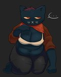 anthro big_breasts black_body black_fur bra breasts cleavage clothed clothing clothing_lift female fur kneeling muffin_top narrowed_eyes overweight overweight_anthro overweight_female shirt shirt_lift simple_background solo thick_thighs topwear underwear whiskers kitapult night_in_the_woods mae_borowski domestic_cat felid feline felis mammal hi_res