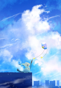 ambiguous_gender bodily_fluids city city_background cloud duo fake_eyes flying purple_body sky tan_body tears natu_a0z0ra nintendo pokemon ambient_bird drifloon generation_4_pokemon generation_7_pokemon mimikyu pokemon_(species) spirit 2026 hi_res signature