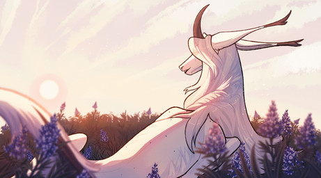 big_ears black_horn ear_tuft eye_through_hair female feral flower fur grass hair horn long_hair monotone_body monotone_fur outside plant sky solo sun translucent translucent_hair tuft white_body white_hair kardinaluz species_request hi_res