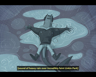 ambiguous_gender anthro black_bars bottomwear clothing denim denim_bottomwear denim_clothing electronics eyes_closed gills headphones hoodie jeans lying on_back pants raining shark_tail solo text topwear water blinkpen linkin_park rebus_(blinkpen) ambiguous_species cyclops english_text letterbox subtitled