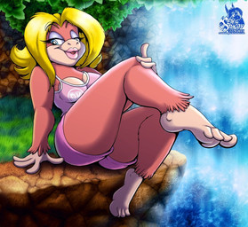 4_toes anthro barefoot bedroom_eyes biped blonde_hair bottomwear breasts cleavage clothed clothing feet female foot_focus hair half-closed_eyes hindpaw lipstick looking_at_viewer makeup narrowed_eyes paws plantigrade seductive shorts sitting smile solo tight_clothing toes water waterfall seththedragon donkey_kong_(series) nintendo candy_kong ape gorilla haplorhine kong mammal primate 2011 source_request unavailable_at_source