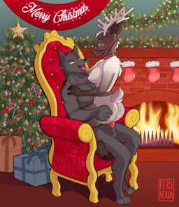 anthro antlers black_body black_fur breasts bridle chair clothing cowgirl_position duo female fire from_front_position fur furniture gift holidays horn legwear male male/female on_bottom on_top penetration piercing sex stockings vaginal vaginal_penetration ferinexia christmas hex_(satanic-furry) canid canine canis deer jackal mammal new_world_deer reindeer hi_res story story_in_description