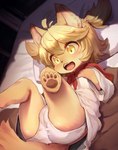 4_toes anthro bed biped blonde_hair blush butt camel_toe clothed clothing dress feet female female_anthro fur furniture hair kemono lying on_back on_bed open_mouth open_smile panties pawpads paws pillow smile solo tan_body tan_fur teeth toes underwear upskirt yellow_eyes young young_anthro young_female nyankone cyberconnect2 fuga:_melodies_of_steel little_tail_bronx mei_marzipan canid canine caninu canis domestic_dog mammal absurd_res hi_res