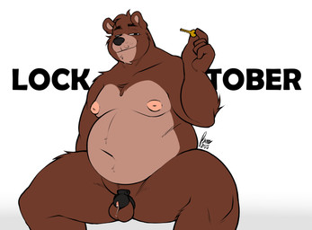 anthro areola arm_tuft balls belly belly_tuft biped black_chastity_cage bodily_fluids brown_inner_ear chastity_cage chastity_cage_only chastity_device chastity_device_only chastity_key cheek_tuft chin_tuft crotch_tuft dripping eyebrows facial_tuft genital_fluids genitals glans holding_object inverted_nipples key leg_tuft male moobs narrowed_eyes navel nipples nude overweight overweight_anthro overweight_male penis pink_areola pink_nipples precum precum_drip puffy_areola puffy_nipples round_ears solid_chastity_cage solo spread_legs spreading text thick_thighs tuft wearing_chastity_cage wearing_chastity_device manyakuma locktober marlon_(manyakuma) bear brown_bear mammal ursine 2025 dated english_text hi_res signature