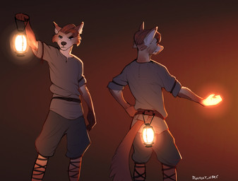anthro black_nose clothed clothed_male clothing fur gloves_(marking) glowing glowing_hands hair lamp lantern male markings solo tail discreet_user canid canine fox mammal