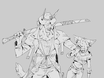 anthro belt bottomwear cigarette clothing collar cowboy_hat defeated duo ear_piercing ear_ring female fluffy fluffy_tail hair half-closed_eyes hat hat_over_eyes head_tuft headgear headwear holding_object holding_weapon jacket jersey katana leather leather_clothing leather_jacket leather_topwear long_sleeves long_tail male melee_weapon narrowed_eyes pants piercing pointy_ears ponytail ring_piercing shirt short_hair simple_background smoking smoking_cigarette snout sword tail topwear tuft weapon ruffu pepper_in_the_sandbox asukaru_(ruffu) pepper_(ruffu) unnamed_character canid canine felid feline mammal serval 4:3 digital_drawing_(artwork) digital_media_(artwork) monochrome sketch