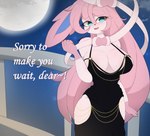 absurd_res anthro awintermoose big_breasts biped blue_eyes blush breasts cleavage clothed clothing dialogue eeveelution english_text female generation_6_pokemon hair hi_res hollow_hip_backless_chain_dress light long_hair looking_at_viewer meme meme_clothing moon moonlight night nintendo open_mouth open_smile outside pink_hair pokemon pokemon_(species) ribbons_(anatomy) smile solo sylveon text white_body