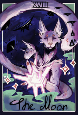 2_heads anthro card conjoined conjoined_twins eyes_closed major_arcana male multi_head solo tail tarot tarot_card text the_moon_(tarot) tessa_gaf felid mammal bust_portrait digital_media_(artwork) hi_res portrait