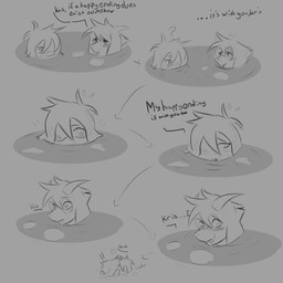 ambiguous_gender anthro bathing bathing_together blush duo embarrassed eyewear glasses horn hot_spring kissing male mostly_submerged text water goople_glop deltarune undertale_(series) kris_dreemurr ralsei bovid caprine goat human mammal 1:1 absurd_res comic english_text hi_res monochrome