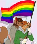 anthro blue_eyes bottomwear brown_body brown_fur brown_hair brown_markings chin_tuft clothed clothing denim denim_bottomwear denim_clothing duo ear_piercing ear_ring eyes_closed facial_hair facial_tuft flag flag_(object) fur hair holding_flag holding_object hoodie hug hugging_another hugging_from_behind interspecies interspecies_romance jeans lgbt_couple lgbt_pride male male/male markings married_couple mature_male one_eye_closed orange_body orange_fur pants piercing pride_color_flag pride_colors rainbow_flag rainbow_pride_flag rainbow_symbol raised_tail ring ring_piercing romantic romantic_couple smile tail topwear tuft white_body white_fur white_markings zer0rebel4 discord_(app) lgbt_pride_month telegram thomas_ii_(zer0rebel4) timothy_(zer0rebel4) american_opossum canid canine canis mammal marsupial were werecanid werecanine wolf 2024 absurd_res hi_res