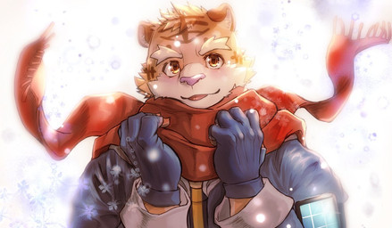 anthro clothing gloves handwear kemono looking_at_viewer male scarf simple_background snow snowflake snowing solo stripes sack07071227 furloid utau oyupo_kogane felid mammal pantherine tiger