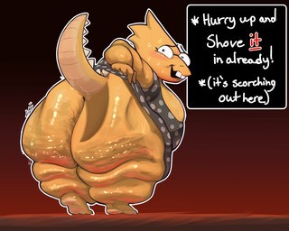anthro big_butt blush bodily_fluids breasts buckteeth butt cellulite cleavage clothed clothed_anthro clothed_female clothing clothing_lift dialogue dialogue_box dress dress_lift eyewear fat_legs fat_rolls female female_anthro glasses heat_(temperature) huge_butt non-mammal_breasts obese obese_anthro obese_female overweight overweight_anthro overweight_female pattern_clothing pattern_dress presenting presenting_hindquarters solo spiked_tail spikes spikes_(anatomy) spots spotted_clothing spotted_dress sweat sweatdrop sweaty_breasts sweaty_butt sweaty_face sweaty_tail tail teeth text text_box yellow_body bajaboobey undertale_(series) alphys lizard reptile scalie 2026 5:4 digital_media_(artwork) english_text hi_res signature