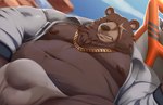 anthro belly black_nose brown_body bulge clothing cloud male moobs navel nipples outside overweight overweight_male scar solo underwear joelbearb mihoyo zenless_zone_zero ben_bigger bear mammal 2022 hi_res