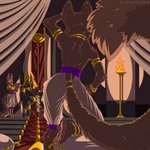 ambiguous_gender anthro big_tail chair concubine dancer_outfit dancing egyptian femboy fire fluffy fluffy_tail furniture gold_(metal) gold_jewelry group harem jewelry male manly muscular muscular_anthro muscular_male pillow tail throne throne_room softailfox egyptian_mythology middle_eastern_mythology mythology anubis anubian_jackal canid canine canis deity fox jackal mammal 1:1 absurd_res hi_res