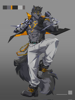 abs anthro belt biceps black_belt black_clothing black_footwear black_jacket black_shoes black_topwear blue_body bottomwear clothing color_swatch footwear fur grey_body grey_bottomwear grey_clothing grey_fur grey_pants hand_wraps jacket male muscular muscular_anthro muscular_male navel on_one_leg one_foot_raised pants pecs solo standing tail topwear wraps whitewilliam canid canine canis mammal wolf 2025 hi_res