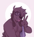 anthro brown_body brown_fur bust_portrait canid canine canis domestic_dog eyewear floppy_ears fur gesture glasses hand_gesture long_ears looking_at_viewer male mammal nextel nipples nude portrait reed_(bearra) solo tongue tongue_out towel towel_on_shoulder v_sign