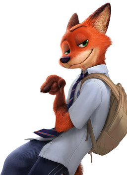 adolescent aged_down anthro backpack black_nose clothed clothing ears_back fur gesture green_eyes half-closed_eyes hand_gesture looking_at_viewer male multicolored_body multicolored_fur narrowed_eyes necktie orange_body orange_fur pivoted_ears pointing school_uniform simple_background smile solo tan_body tan_fur uniform white_background young young_anthro uleezoo disney zootopia nick_wilde canid canine fox mammal red_fox true_fox 2016 digital_media_(artwork)
