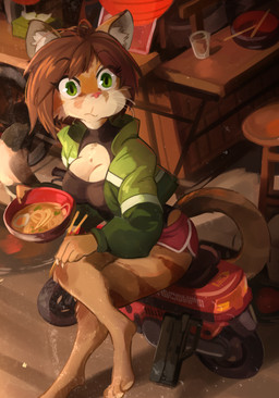 4_toes anthro barefoot bottomwear breasts cleavage cleavage_cutout clothed clothing cutout dolphin_shorts feet female food fur hair jacket leotard looking_at_viewer noodles outside ramen ramen_shop shorts solo toes topwear khyleri fmg9 honda_motocompo helia_peppercats domestic_cat felid feline felis mammal 2022 absurd_res digital_media_(artwork) hi_res