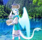 anthro blue_hair clothing energy_wings forest hair laundry long_hair plant river solo tail tree unusual_anatomy unusual_wings water wings lizardseraphim mythology missia angel angel_dragon dragon mythological_creature mythological_scalie scalie seraph_(angel)