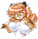 2015 5_fingers anthro big_breasts black_stripes blush bodily_fluids bouncing_breasts breasts featureless_breasts felid female female_anthro fingers fur green_eyes hair kemono long_hair looking_down mammal multicolored_body multicolored_fur orange_body orange_fur orange_hair oyatsu pantherine simple_background solo stripes sweat sweatdrop tiger two_tone_body two_tone_fur white_background