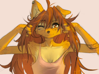 anthro biped breasts claws clothed clothed_anthro clothed_female clothing female fingers front_view fur hair looking_at_viewer simple_background smile solo tattoo tinygaypirate apogee_(tinygaypirate) canid canine canis domestic_dog mammal 2026 4:3 digital_drawing_(artwork) digital_media_(artwork) hi_res