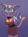 anthro belt big_hands claws clothing collar creepy_smile dress female green_eyes hand_on_hip looking_at_viewer simple_background smile solo spots white_spots hitsuji super_planet_dolan shima_luan felid feline mammal