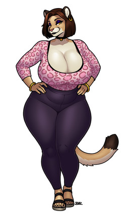 animal_print anthro bedroom_eyes big_breasts biped black_lips bracelet breasts brown_hair choker cleavage clothed clothing curvy_figure ear_piercing ear_ring eyeshadow female footwear hair huge_breasts jewelry leopard_print lips looking_at_viewer makeup mature_female narrowed_eyes necklace piercing purple_eyeshadow ring_piercing seductive smile solo standing thick_thighs wide_hips blazbaros cougar felid feline mammal hi_res
