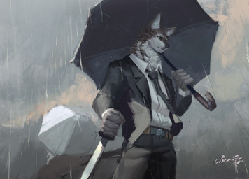 anthro belt black_bottomwear black_clothing black_necktie black_nose black_pants black_sclera black_topwear blue_eyes bottomwear brown_belt cheek_tuft clothed clothing cloud facial_tuft fur grey_body grey_fur holding_melee_weapon holding_object holding_sword holding_umbrella holding_weapon low-angle_view male melee_weapon mouth_closed neck_tuft necktie outside pants raining solo sword topwear tuft umbrella weapon white_body white_clothing white_fur white_topwear awaldkize canid mammal absurd_res hi_res portrait signature three-quarter_portrait