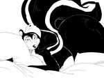 2023 anthro bed_sheet bedding big_butt butt fur hair half-closed_eyes looking_at_viewer looney_tunes lying male mammal mephitid monochrome mouth_closed narrowed_eyes nude on_front pepe_le_pew pillow pillow_hug raised_tail reagan700 skunk solo striped_skunk tail warner_brothers