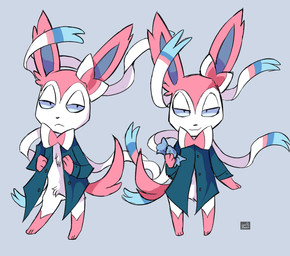 anthro blue_body blue_eyes blue_fur candy clothed clothing collared_shirt crotch_tuft dessert dress_shirt ear_tuft fluffy fluffy_tail food fur holding_object leg_markings male markings multicolored_body multicolored_fur narrowed_eyes open_clothing open_shirt open_topwear partially_clothed pink_body pink_fur rare_candy ribbons_(anatomy) shirt smile socks_(marking) solo tail topwear tuft white_body white_fur spec_almond movieunleashers nintendo pokemon starters_(movieunleashers) dr._sylveon eeveelution generation_6_pokemon pokemon_(species) sylveon hi_res