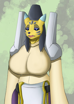 anthro armor big_breasts biped blue_eyes breasts clothing fangs female female_anthro fur hat headgear headwear orange_body orange_fur solo standing teeth yellow_body un_gato_cualquiera bandai_namco digimon digimon_(species) mammal renamon taomon absurd_res hi_res