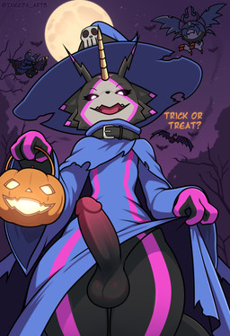 anthro balls blush body_blush clothing clothing_aside clothing_pull erection fangs food fruit genitals hat headgear headwear holidays humanoid_genitalia humanoid_penis looking_at_viewer male moon night open_mouth open_smile penis plant pulled_by_self pumpkin smile solo teeth witch_costume witch_hat conditional_dnp ineedanaccount bandai_namco digimon halloween bat chiropmon demidevimon digimon_(species) gulusgammamon mammal soundbirdmon absurd_res hi_res