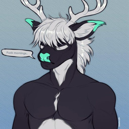 anthro antlers black_body black_fur blue_background dialogue fur hair horn male profanity simple_background solo speech_bubble text white_body white_fur white_hair jinxpawz cervine deer mammal 1:1 english_text