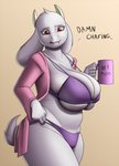 annoyed anthro big_breasts bra breasts bulging_breasts cleavage cleavage_overflow clothed clothing female fur grumpy horn huge_breasts long_ears mature_anthro mature_female open_mouth panties simple_background skimpy skindentation slightly_chubby solo under_boob underwear white_body white_fur creatiffy undertale undertale_(series) toriel boss_monster_(undertale) bovid caprine goat mammal digital_media_(artwork) hi_res