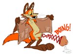 anthro balls bodily_fluids bottomless clothed clothing cum flashing genital_fluids genitals grin humor male penis smile solo unusual_anatomy unusual_genitalia unusual_penis what_has_science_done senedjem_(artist) canid canine fox mammal hi_res