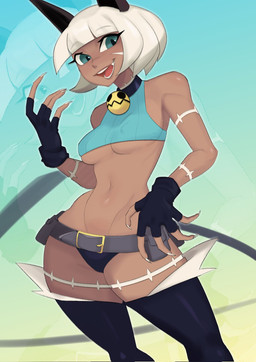 bell bell_collar belt belt_buckle belt_pouch blue_background blue_eyes bob_cut breasts buckle clothing collar crop_top dark_body dark_skin fangs female fingerless_gloves fingernails gloves gradient_background hair handwear legwear long_fingernails medium_breasts nails navel neck_bell nipple_outline open_mouth scar shirt simple_background smile solo teeth thick_thighs thigh_highs topwear under_boob white_hair wide_hips newsigridzboonx skullgirls nadia_fortune animal_humanoid cat_humanoid felid felid_humanoid feline feline_humanoid humanoid mammal mammal_humanoid 2026 hi_res portrait three-quarter_portrait