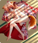 asian_clothing bird's-eye_view blonde_hair breasts clothing covering covering_self east_asian_clothing female hair high-angle_view japanese_clothing light long_hair looking_at_viewer nude red_eyes solo sunlight tail tatami unknown_artist animal_humanoid canid canid_humanoid canine canine_humanoid fox fox_humanoid humanoid mammal mammal_humanoid