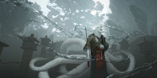 anthro black_nose blue_eyes cheek_tuft clothed clothing elemental_manipulation facial_markings facial_tuft front_view fur gold_topwear grey_clothing grey_topwear head_markings male markings mouth_closed neck_tuft outside plant raining red_clothing red_markings sky solo standing topwear tree tuft unsigned water_manipulation white_body white_clothing white_fur white_topwear awaldkize canid canine fox mammal absurd_res hi_res portrait three-quarter_portrait