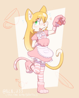 2_tails 3_toes 4_fingers accessory ambiguous_gender anthro apron blonde_hair blush blushing_at_viewer bottomwear bow_tie cheek_tuft clothing costume facial_tuft fake_tail feet fingers gloves green_eyes hair hair_accessory hair_over_eye hairpin handwear heart_symbol legwear long_hair long_socks maid_uniform multi_tail nervous nervous_smile open_mouth pawpads pose simple_background skirt sleeves smile solo standing tail thigh_highs toes tuft uniform blb_233 felid feline mammal hi_res male_(lore)