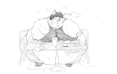 anthro arm_support belly belly_overhang belly_squish big_belly big_butt blush bracelet breath burger butt chair chubby_cheeks clothed clothing dialogue double_chin ear_piercing food furniture hair jewelry male moobs morbidly_obese morbidly_obese_anthro morbidly_obese_male obese obese_anthro obese_male open_mouth open_smile overweight overweight_anthro overweight_male panting piercing sitting smile solo spiked_bracelet spikes squish table text thick_thighs torn_clothing tray wide_hips wllyswrld canid canine canis mammal wolf english_text monochrome