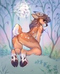 accessory anthro anus areola black_hooves blush brown_body brown_fur brown_hair butt cloven_hooves countershading dewclaw_hooves ear_piercing eyebrows female female_anthro flower flower_in_hair forest fur genitals grass hair hair_accessory hooves inner_ear_fluff kneeling long_hair looking_at_viewer looking_back looking_back_at_viewer markings night nipples nude nude_anthro nude_female outdoor_nudity outside paws piercing pink_areola pink_nipples plant pussy shy simple_background snout solo spots spotted_body spotted_fur tan_body tan_fur tan_inner_ear_fluff tree tuft white_body white_fur rinyabjorn eri_(feral.) deer mammal absurd_res hi_res shaded