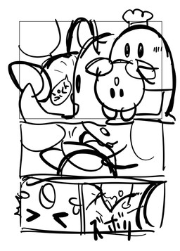 >_< apron apron_only blush blush_stickers bodily_fluids clothing crossgender cunnilingus duo eyes_closed female fisting genital_fluids genitals hat headgear headwear mostly_nude not_furry oral penetration sex sound_effects text upside_down upside_down_cunnilingus vaginal vaginal_fisting vaginal_fluids vaginal_penetration vertical_bar_eyes vulva oposa kirby_(series) nintendo chef_kawasaki kirby waddling_head comic hi_res japanese_text monochrome sketch