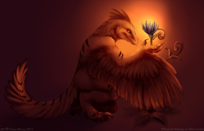 anthro crouching feathered_wings feathers feet flower holding_flower holding_object male nude plant red_background red_body side_view simple_background smile solo tail talons text toes wings curiodraco serandite archaeopteryx dinosaur prehistoric_species reptile saurischian scalie theropod 2013 english_text