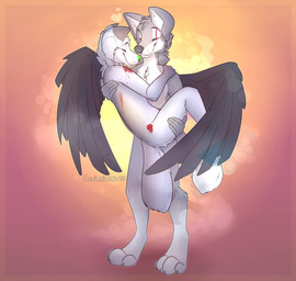 4_toes 5_fingers anthro black_body black_feathers duo feathered_wings feathers feet fingers fur grey_body grey_fur male nude smile standing toes wings senimasan canid canine canis hybrid mammal wolf 2015 digital_media_(artwork)