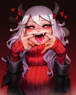 5_fingers blush bodily_fluids clothing fangs female finger_in_mouth fingers hair heart_eyes heart_symbol horn long_hair narrowed_eyes not_furry open_mouth presenting_mouth saliva simple_background solo sweater teeth tongue tongue_out topwear white_hair reagan_long helltaker modeus_(helltaker) demon demon_humanoid humanoid 4:5 absurd_res hi_res