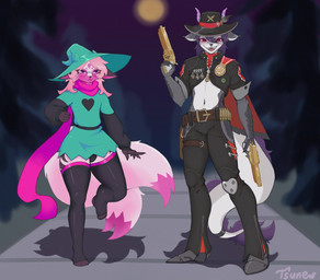 2_tails anthro boots bulge clothing cowboy_boots cowboy_hat cowboy_outfit dragon_tail duo eyewear footwear forest fox_ears glasses hair hat headgear headwear heart_symbol holding_object holding_weapon holidays hoodie horn legwear looking_at_viewer male multi_tail multicolored_body pink_hair plant purple_fluff purple_hair purple_horn red_eyes scales scarf shoes smile standing stockings tail topwear tree weapon wizard_hat anri tsune_nsfw deltarune halloween mythology undertale_(series) anri_(anri) boothill ralsei tsune_(tsune_nsfw) canid canine canis dragon fox hybrid mammal mythological_creature mythological_scalie scalie wolf absurd_res hi_res